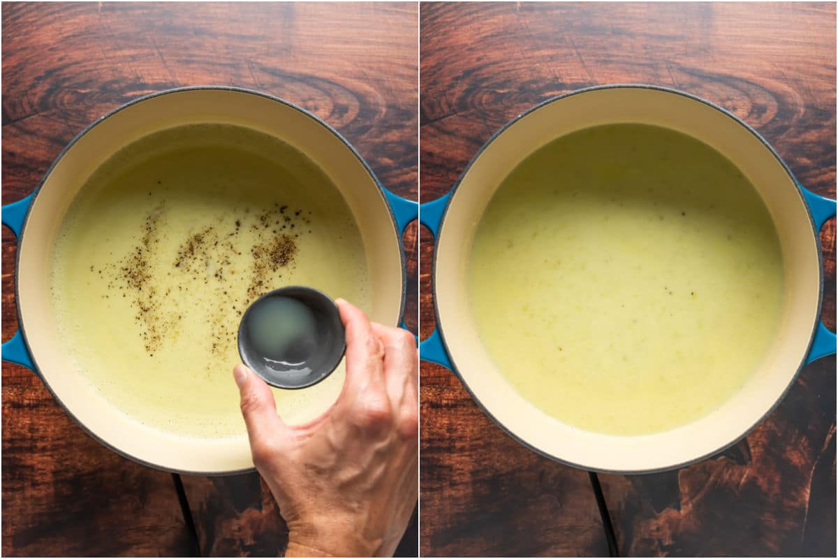 Two photo collage showing lemon juice, salt and pepper added to pot and mixed in.