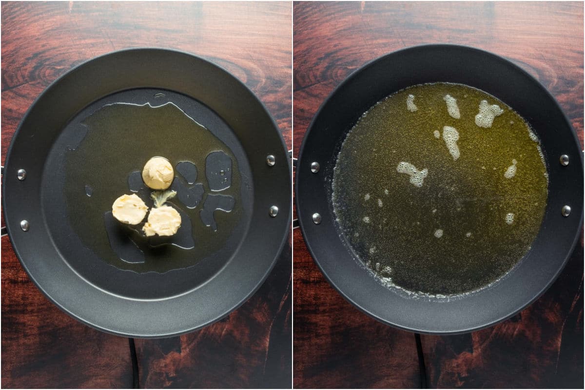 Two photo collage showing olive oil and vegan butter added to skillet and heated.