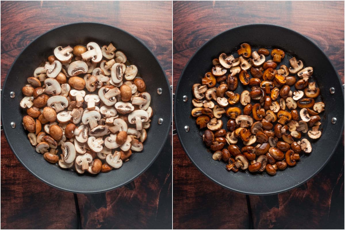 Two photo collage showing sliced mushrooms added to skillet and sautéed.