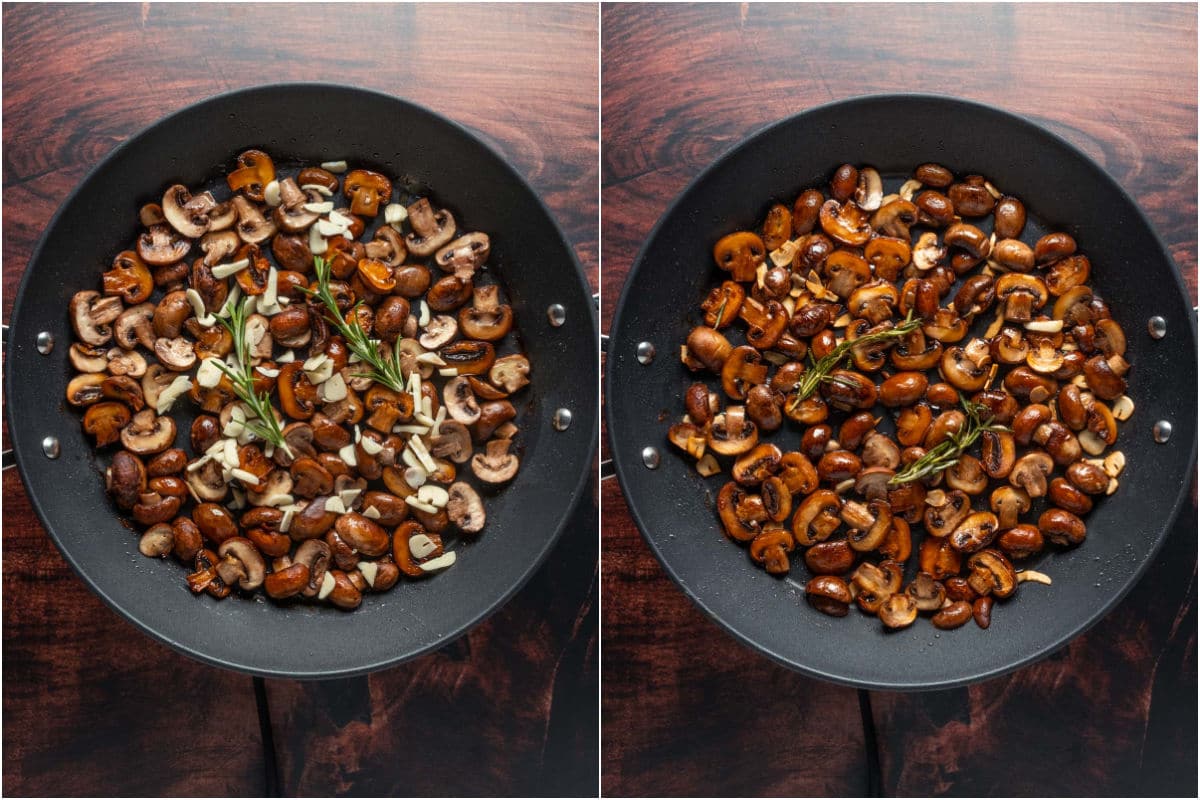 Two photo collage showing garlic and rosemary added to skillet and sautéed.