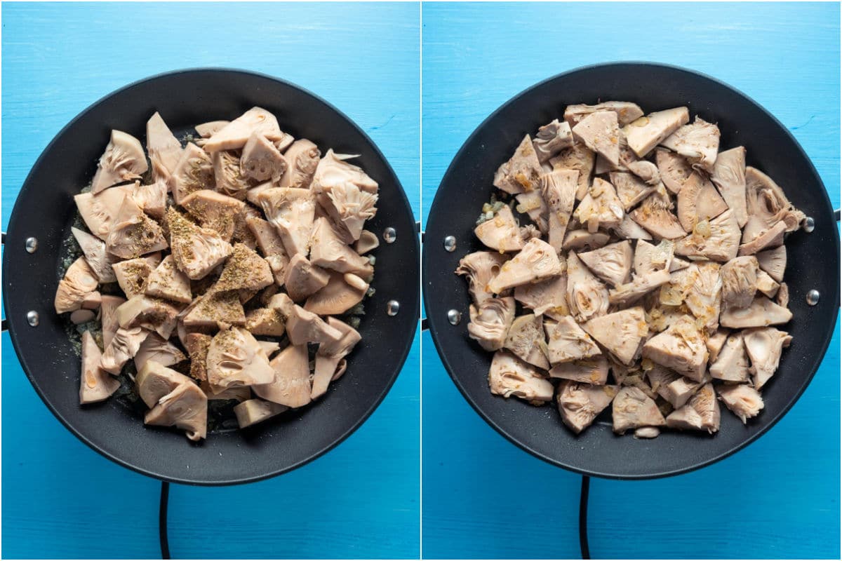 Two photo collage showing jackfruit and oregano added to pan and cooked for a few minutes.