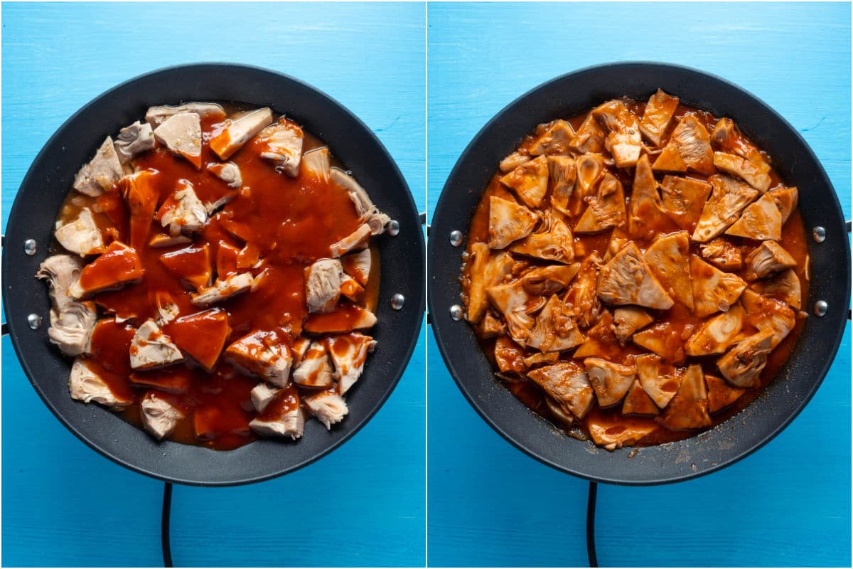 Two photo collage showing bbq sauce and water added to pan and stirred in.