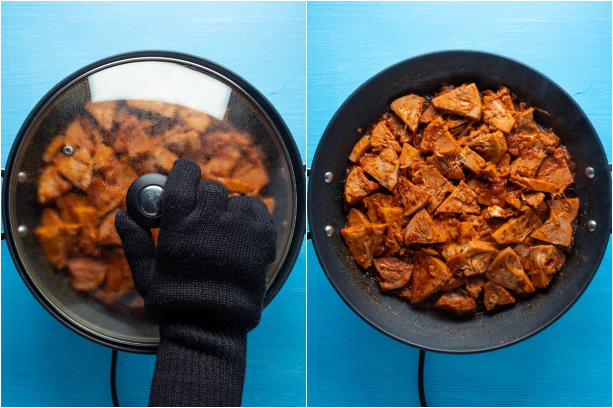 Two photo collage showing covering the pan and letting the jackfruit simmer for 30 minutes.