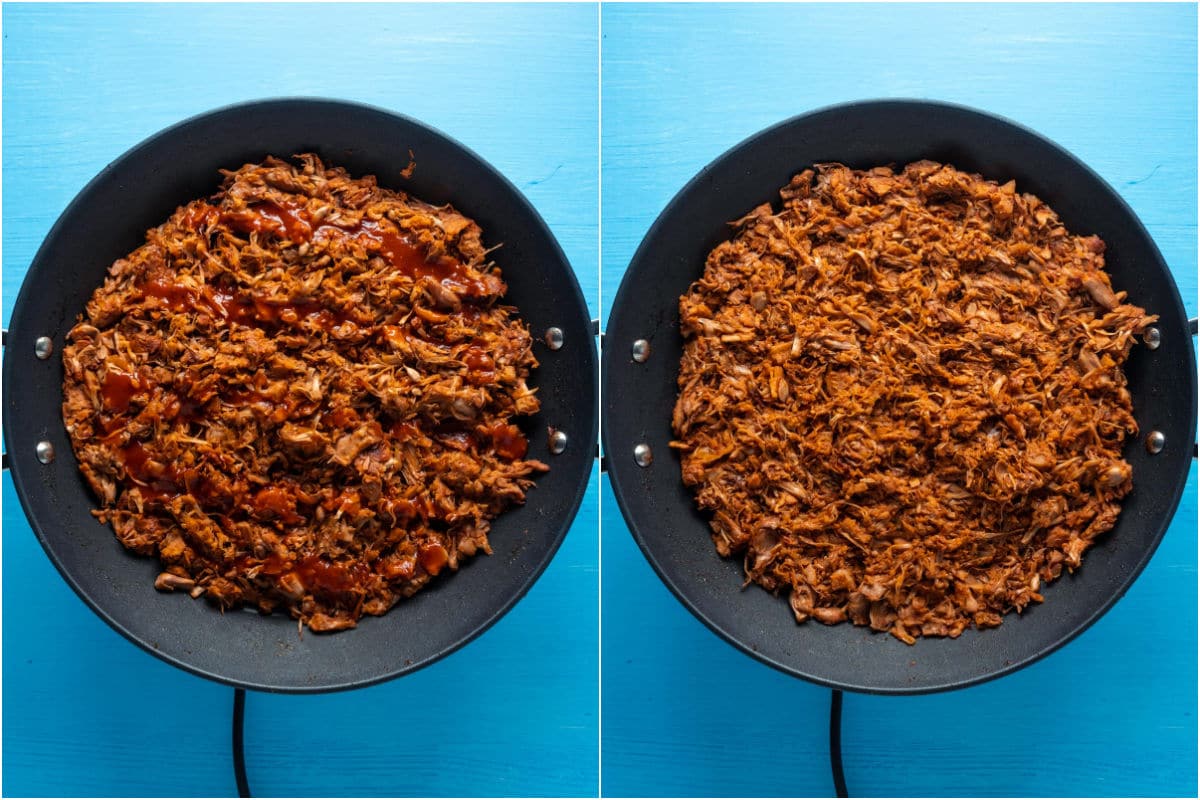 Two photo collage showing extra bbq sauce added to shredded cooked jackfruit in the pan and tossed together.