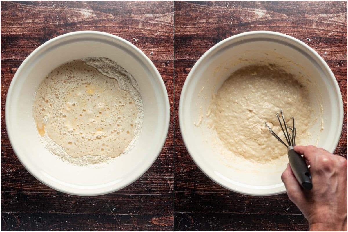 Collage of two photos showing wet ingredients added to bowl and mixed into a batter.
