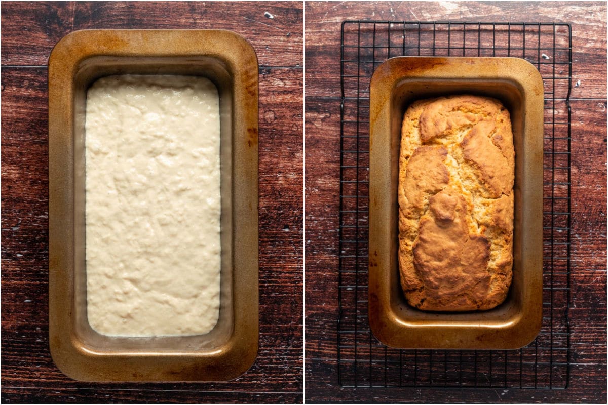 Two photo collage showing vegan beer bread before and after baking.