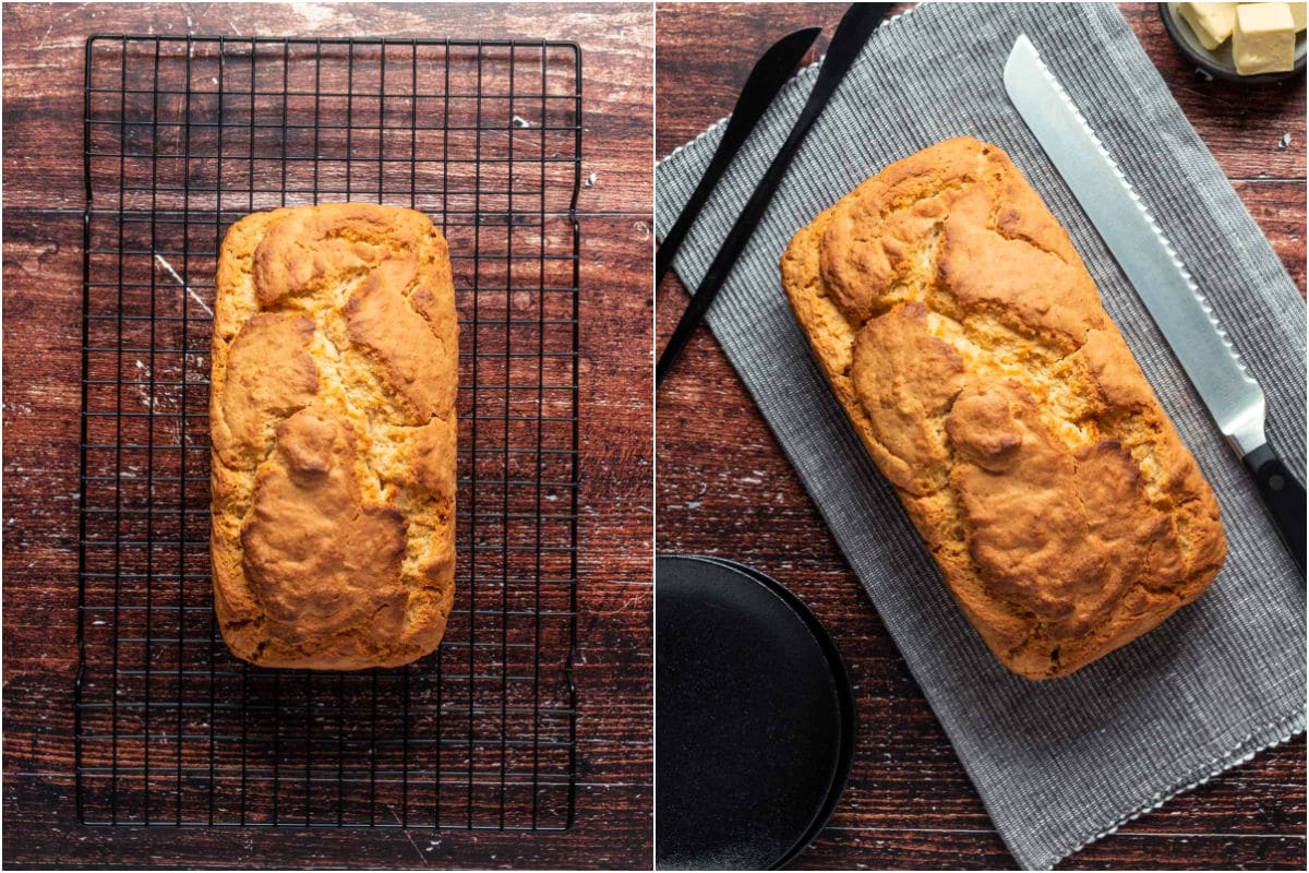 Two photo collage showing vegan beer bread on a wire cooling rack and then ready to serve.