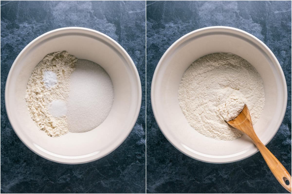 Collage of two photos showing dry ingredients added to bowl and mixed.