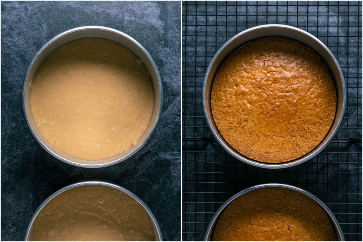 Two photo collage showing cakes in cake pans before and after baking.