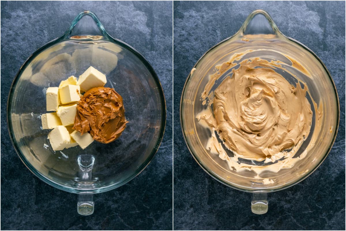 Two photo collage showing vegan butter and biscoff cookie butter added to stand mixer and beaten together until creamy.
