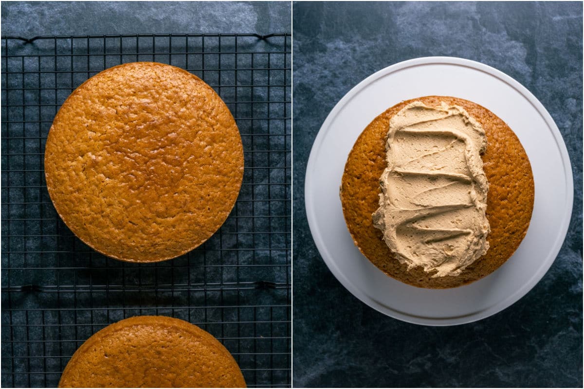 Two photo collage showing cakes cooling on wire cooling racks and then frosting the cake.
