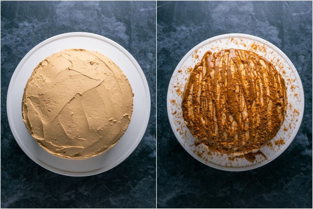 Two photo collage showing the frosted cake and then decorated with drizzled biscoff and crushed cookies.