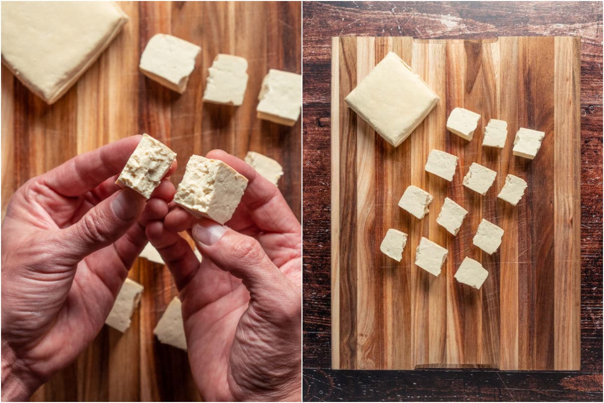 Two photo collage showing tofu broken into pieces and placed on a cutting board.