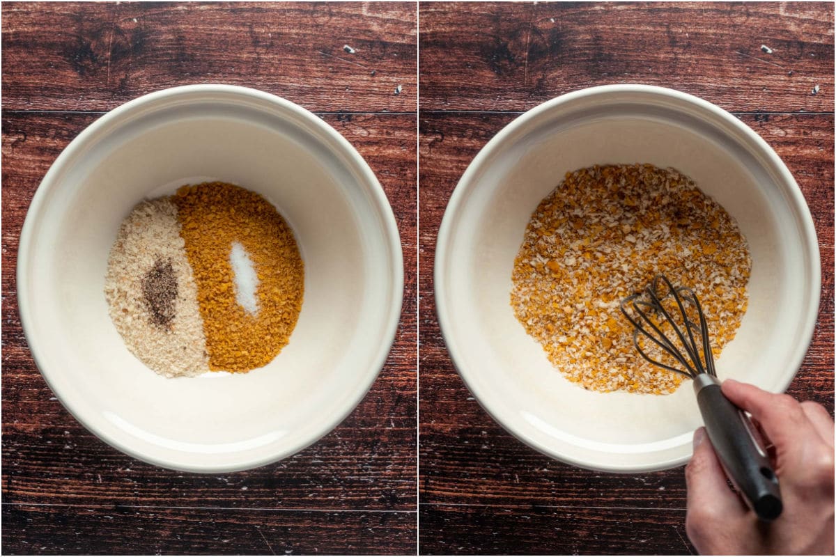 Two photo collage showing ingredients for crumb topping added to a bowl and mixed together.