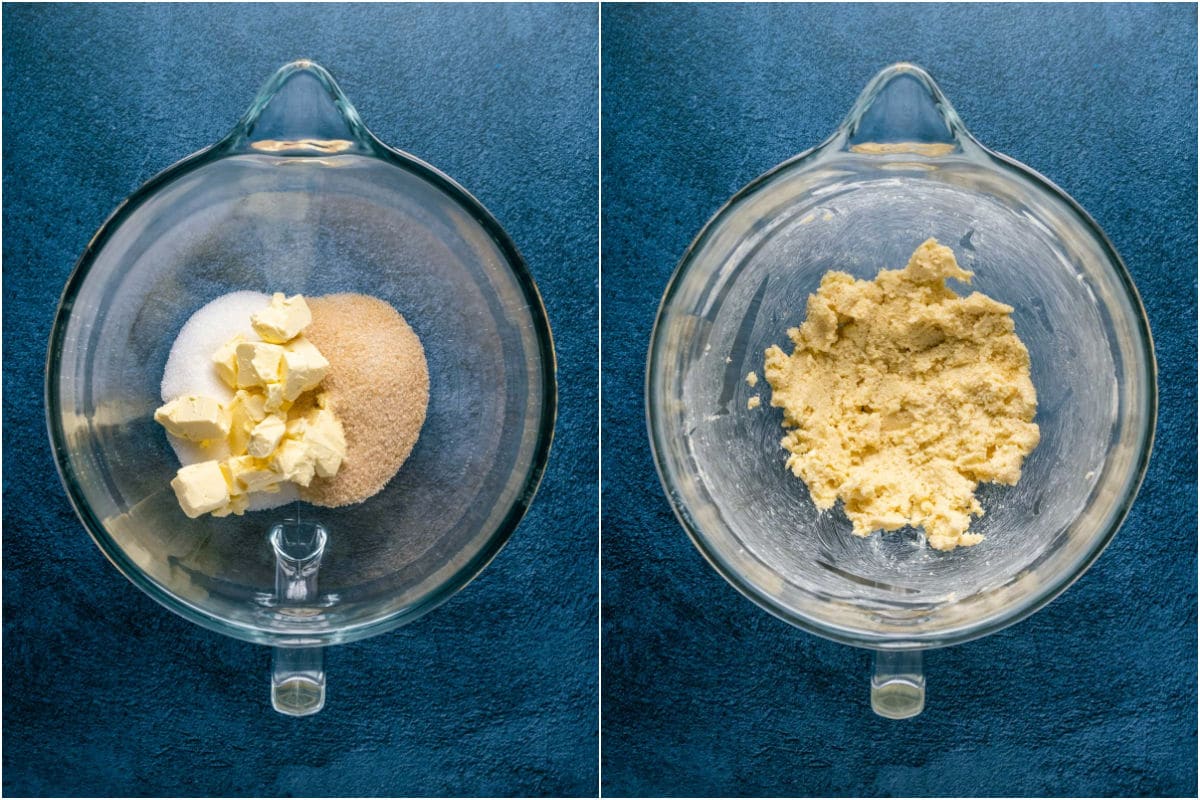 Collage of two photos showing vegan butter, white and brown sugar added to stand mixer and creamed together.