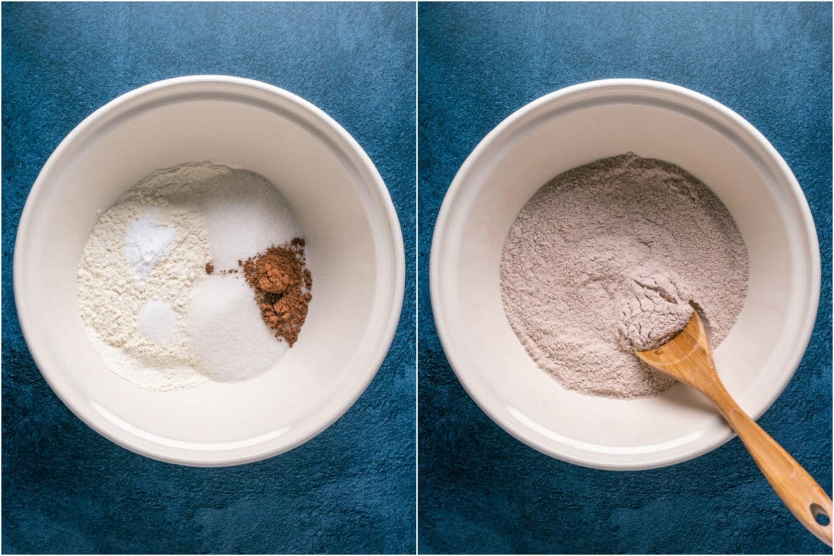 Collage of two photos showing dry ingredients added to mixing bowl and mixed.