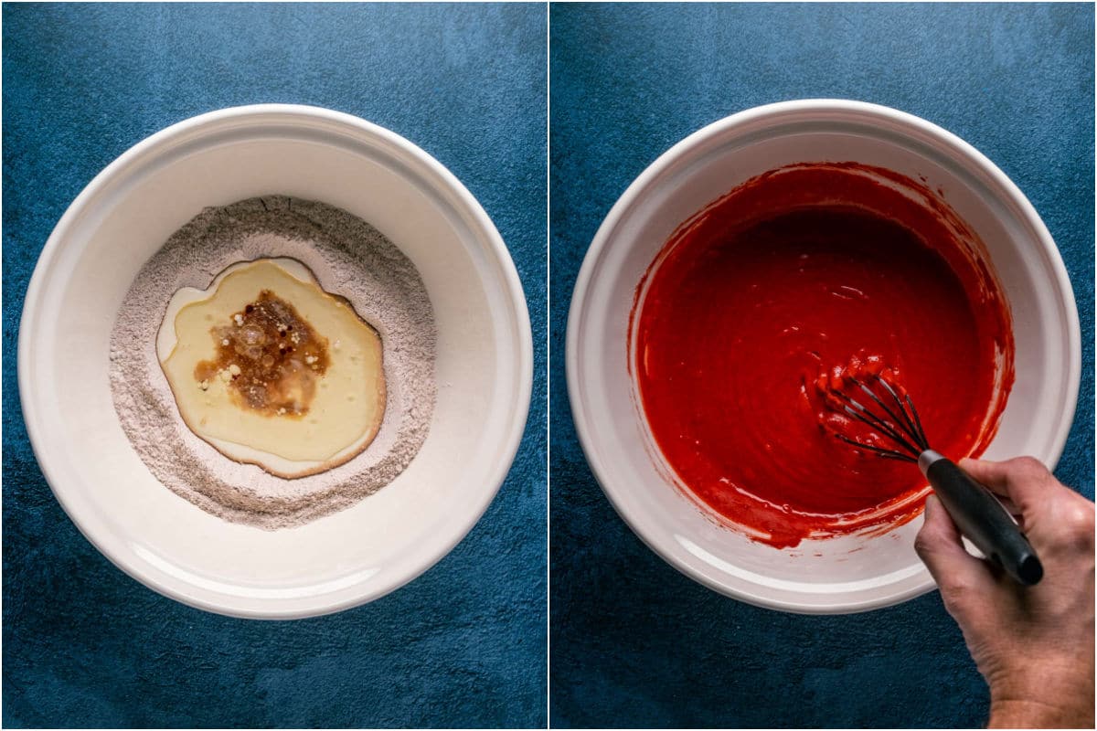 Collage of two photos showing wet ingredients added to mixing bowl and mixed into a cake batter.