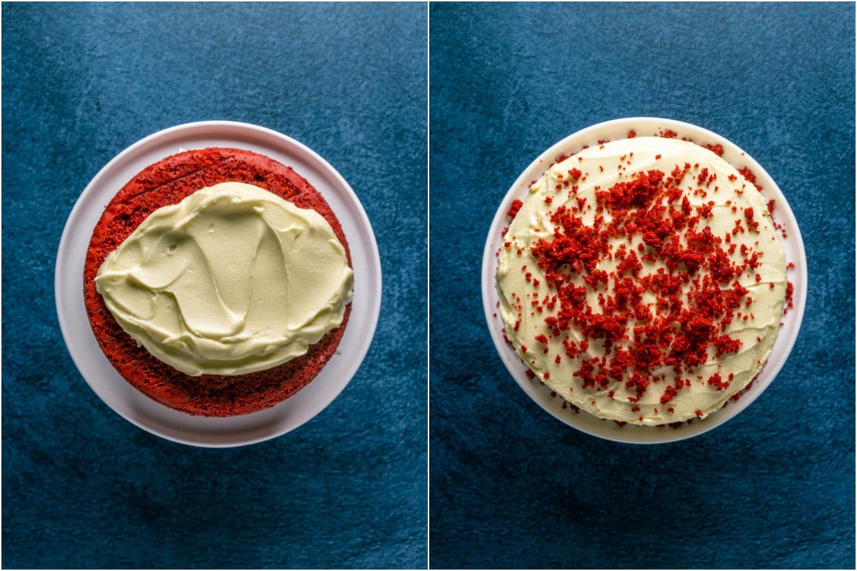 Two photo collage showing frosting and decorating a vegan red velvet cake.