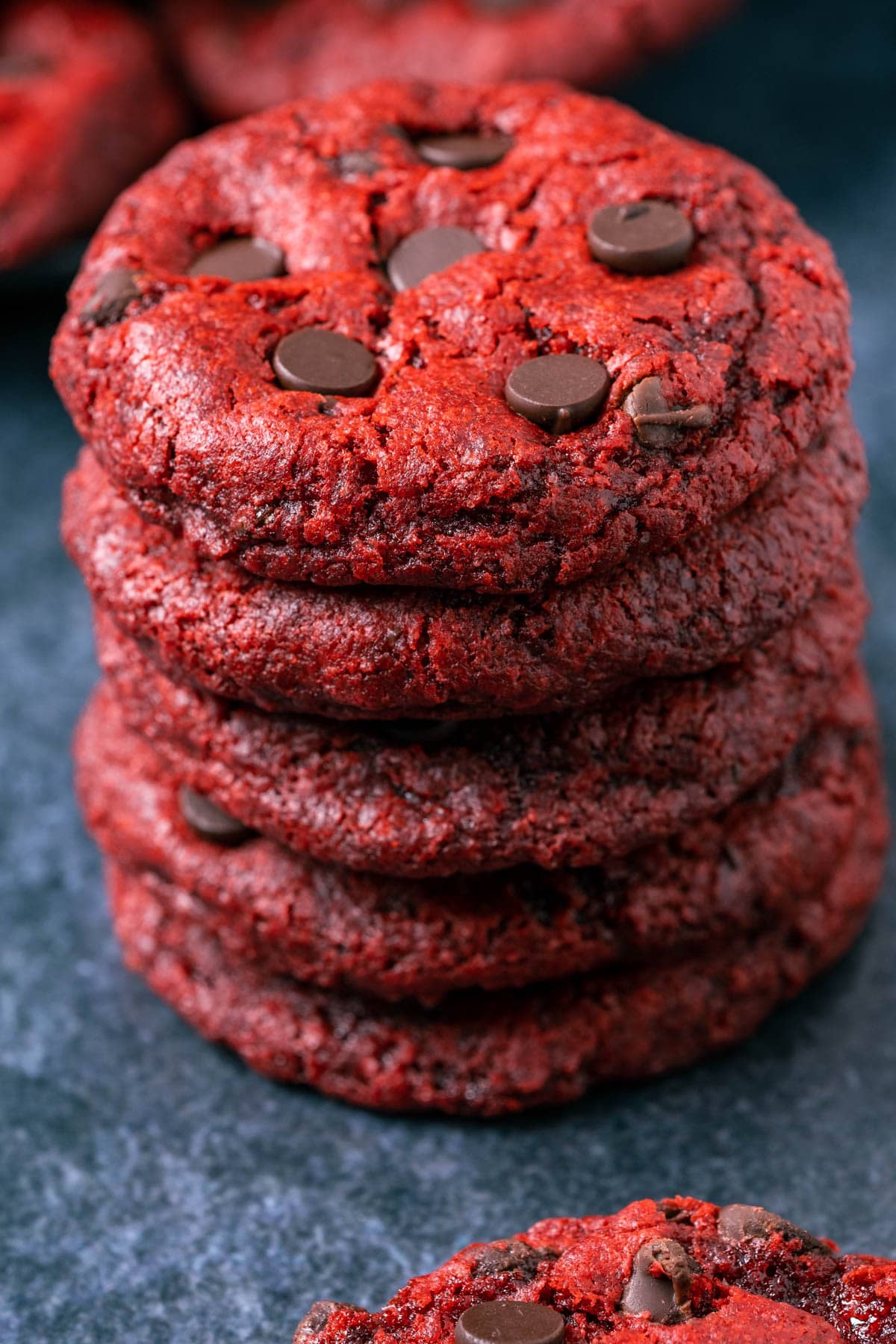 Vegan red velvet cookies in a stack.