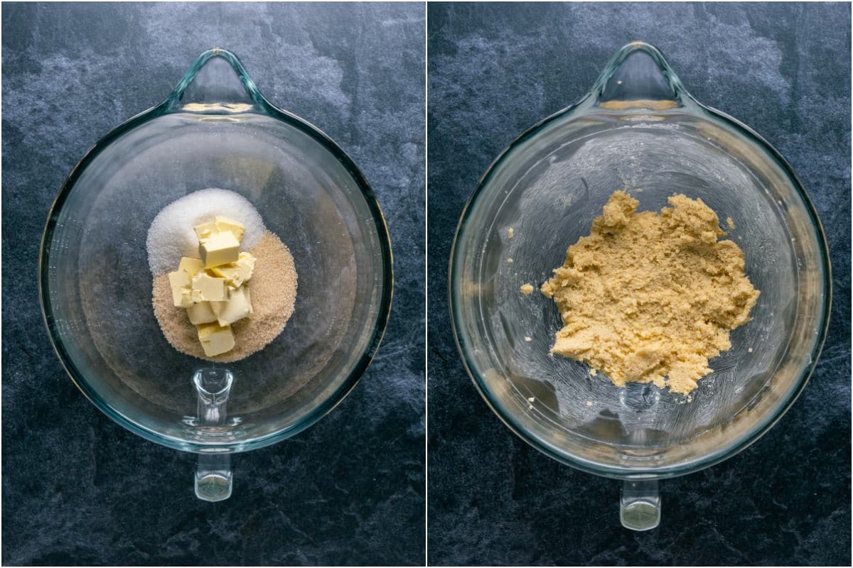 Collage of two photos showing vegan butter, brown and white sugar added to stand mixer and creamed together. 