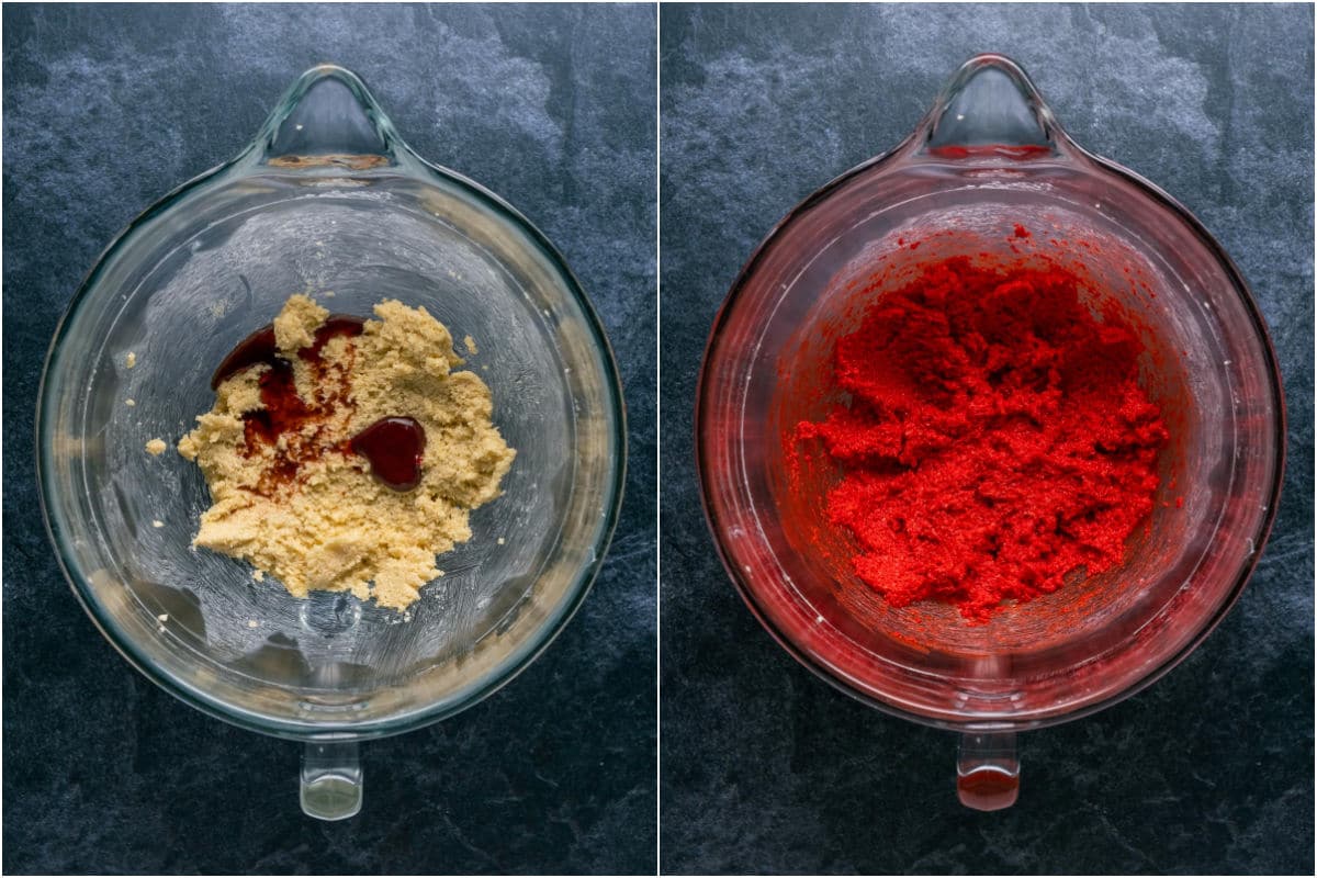 Two photo collage showing vanilla extract and red gel food color added to stand mixer and mixed in.