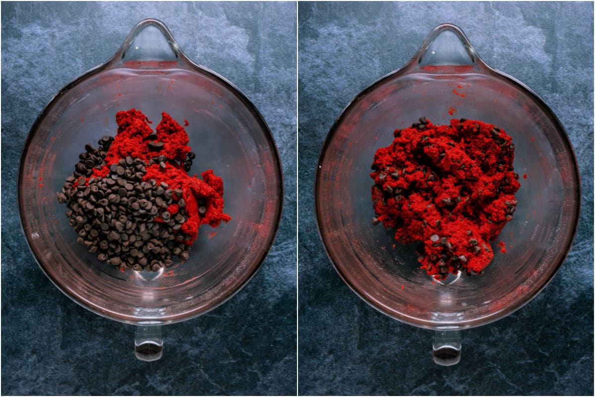 Two photo collage showing chocolate chips added to bowl and mixed in.