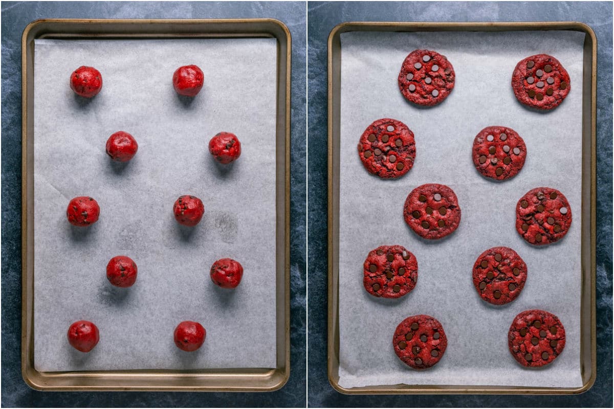 Two photo collage showing cookie dough rolled into balls on parchment lined tray and then the baked cookies.
