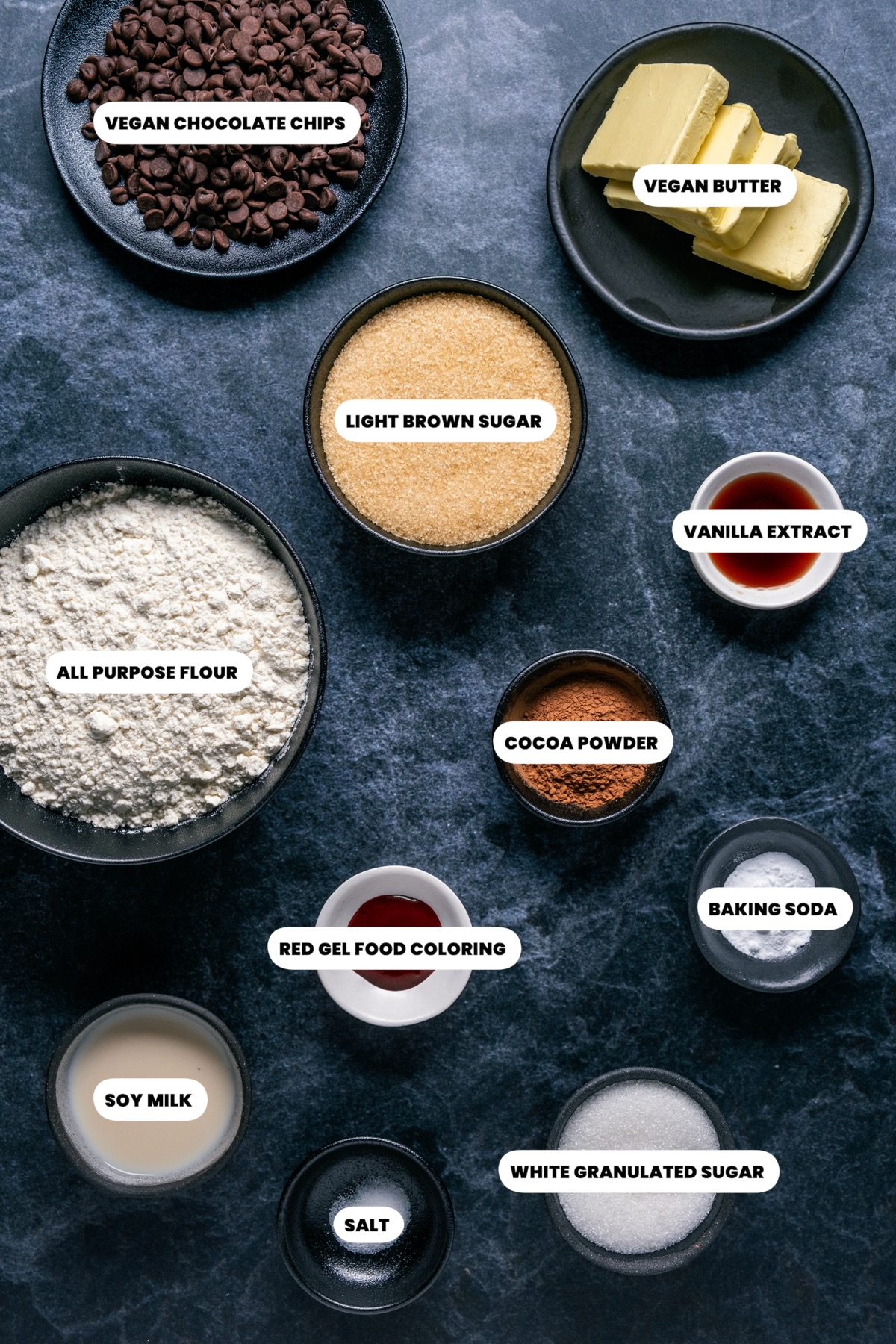 Photo of the ingredients needed to make vegan red velvet cookies.
