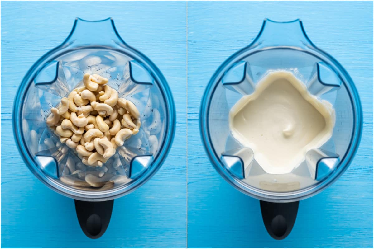 Two photo collage showing soaked cashews, lemon juice, sea salt and water added to blender and blended.