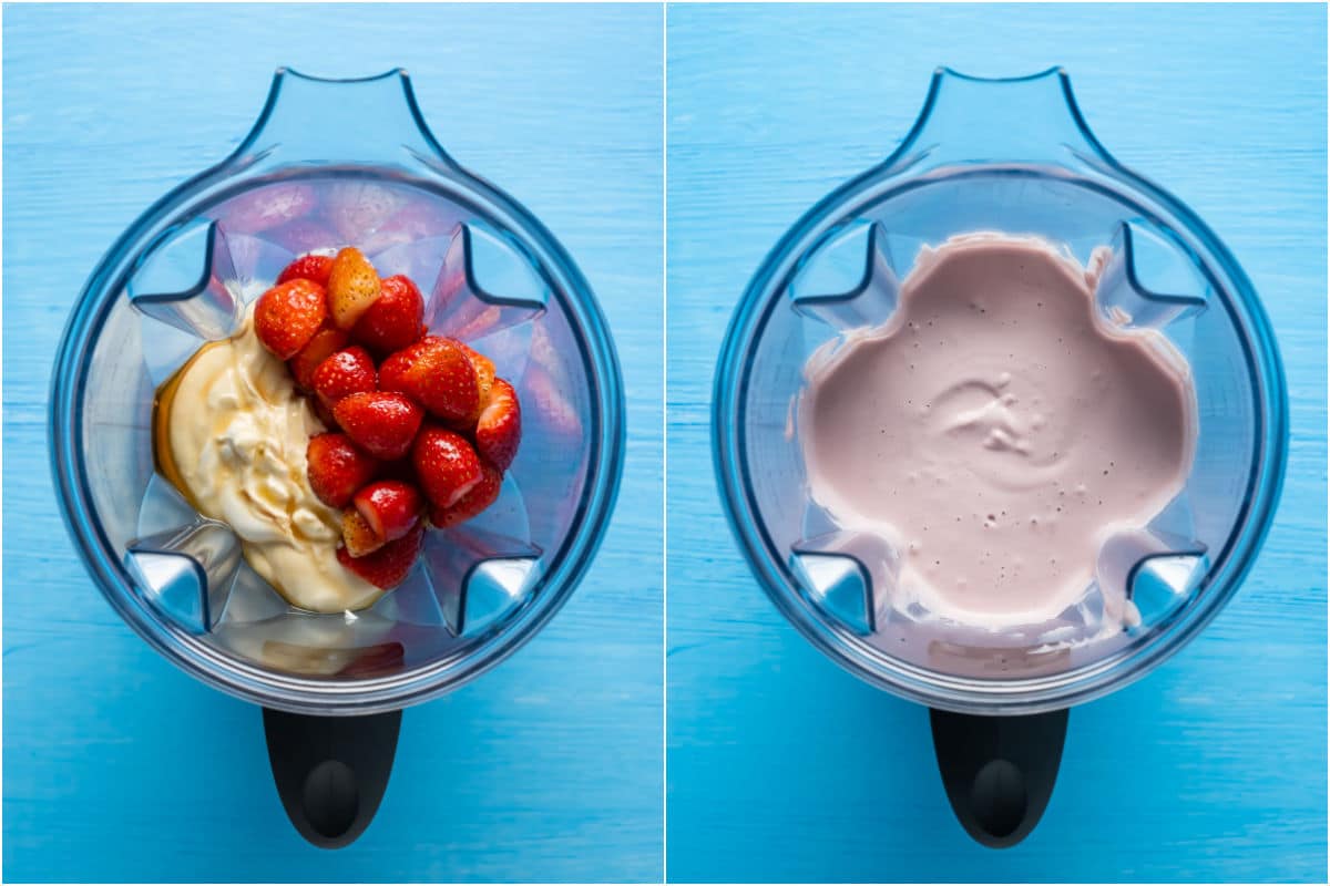 Two photo collage showing vegan yogurt added to blender with strawberries, vanilla extract and maple syrup and blended.