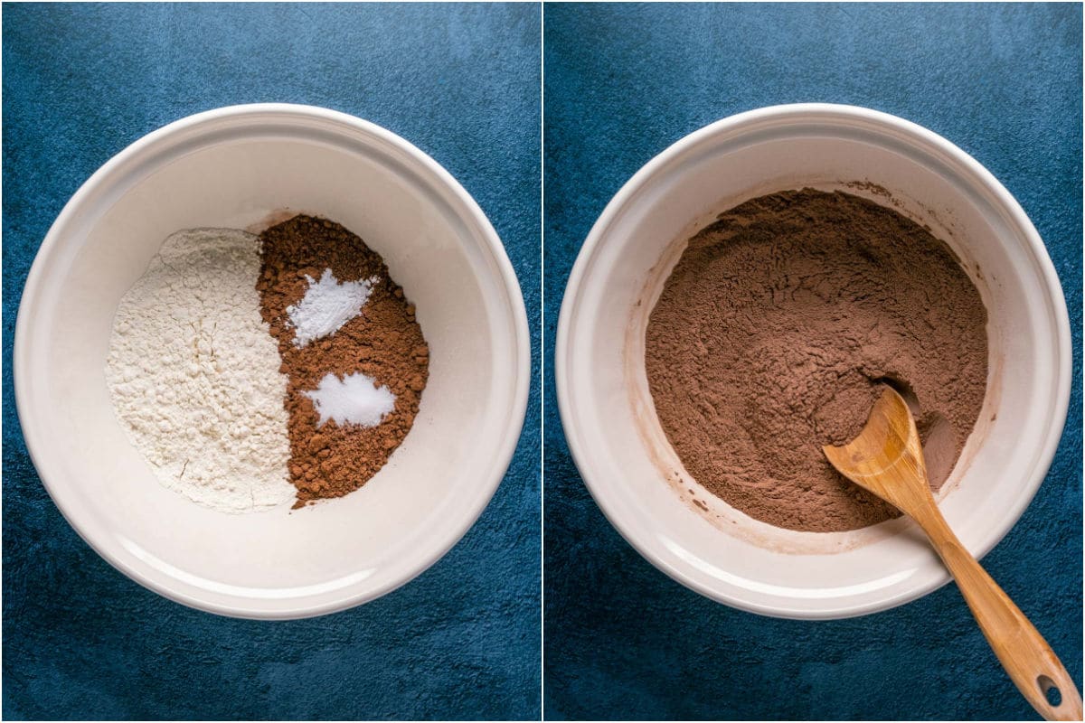 Two photo collage showing dry ingredients added to mixing bowl and mixed.