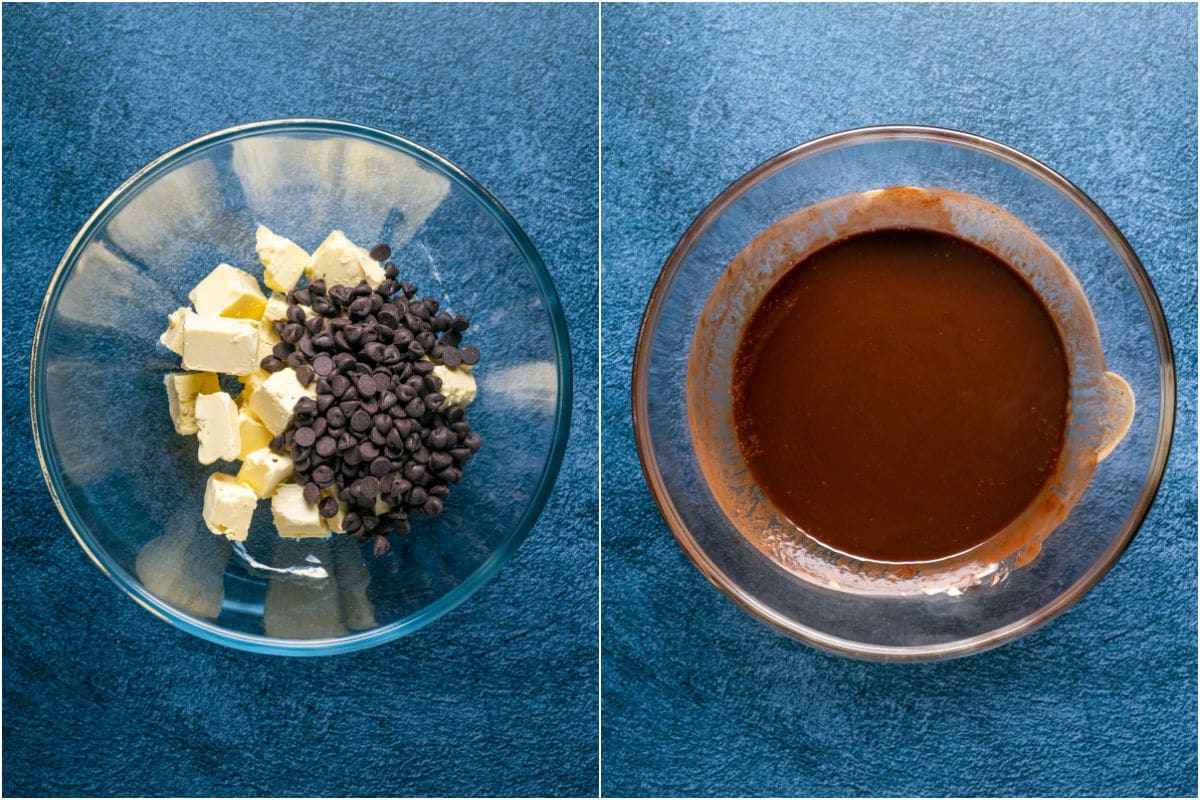 Two photo collage showing vegan butter and chocolate chips added to microwave safe bowl and melted.
