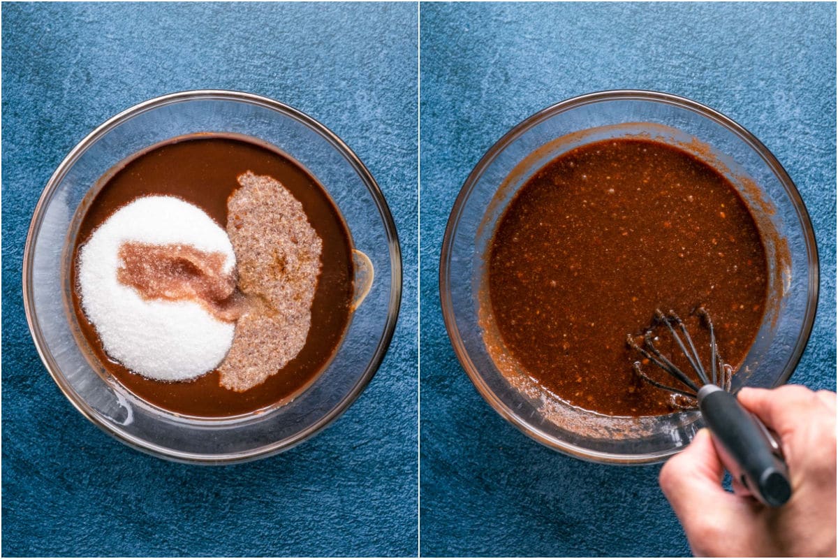 Two photo collage showing flax eggs, white sugar and vanilla added to melted vegan butter and chocolate and mixed in.