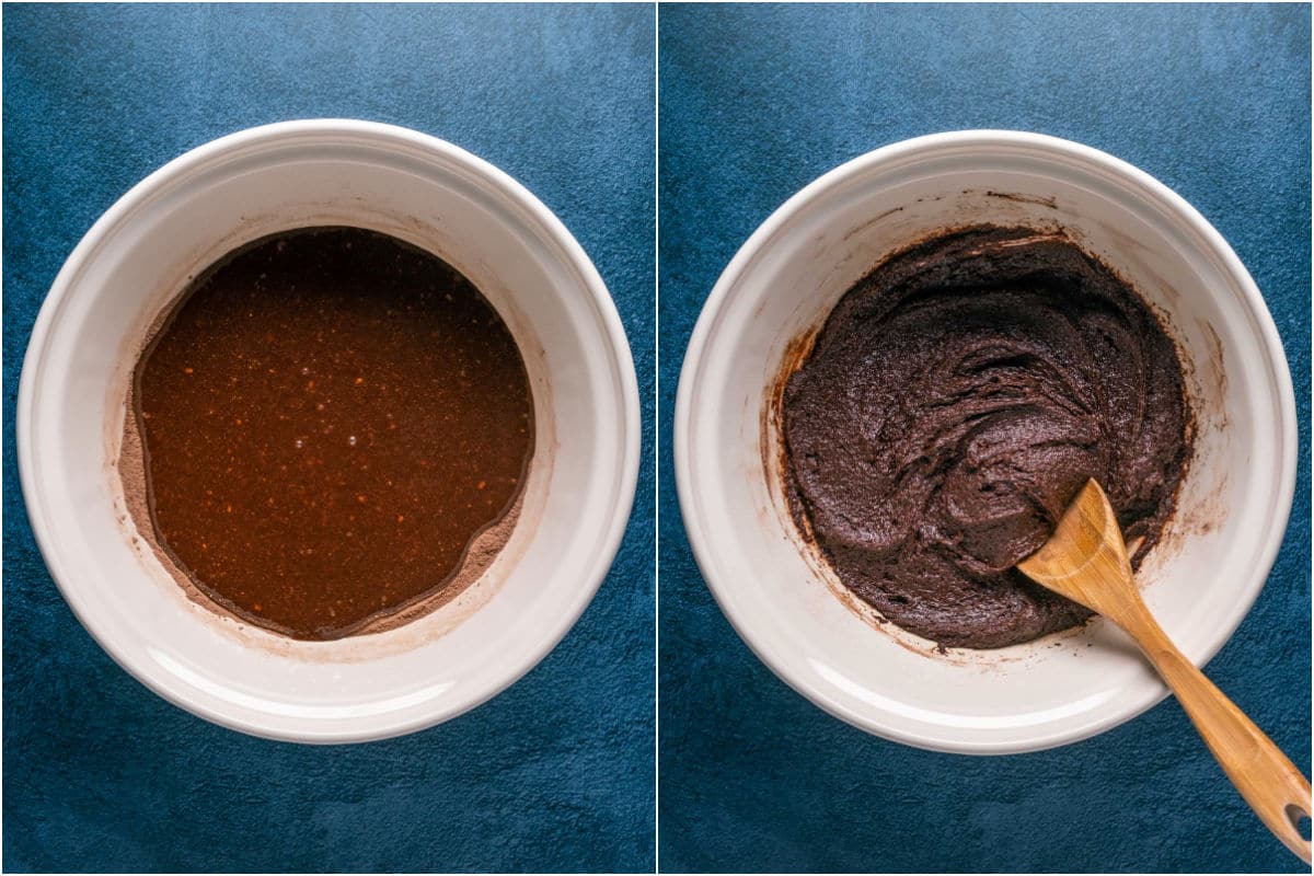 Two photo collage showing wet ingredients added to dry and mixed into a thick batter.