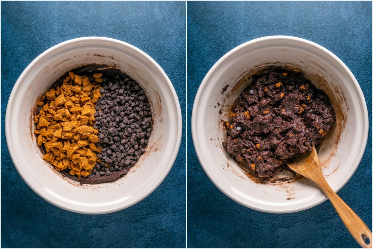 Two photo collage showing vegan chocolate chips and chopped biscoff cookies added to mixing bowl and mixed in.