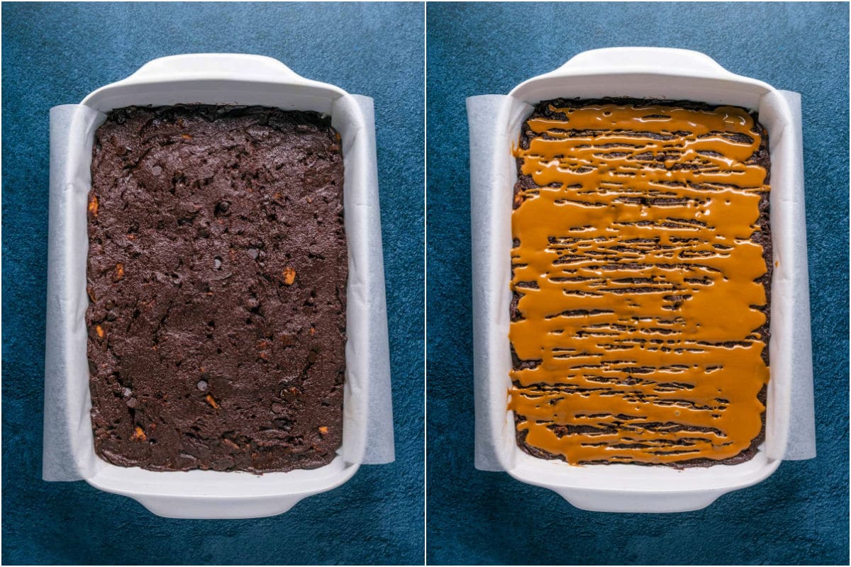 Two photo collage showing brownie mix added to 9x13 dish and smoothed down, then topped with melted drizzled biscoff cookie butter.