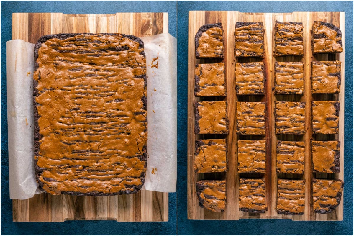 Two photo collage showing biscoff brownies on a wooden board and then cut into squares.