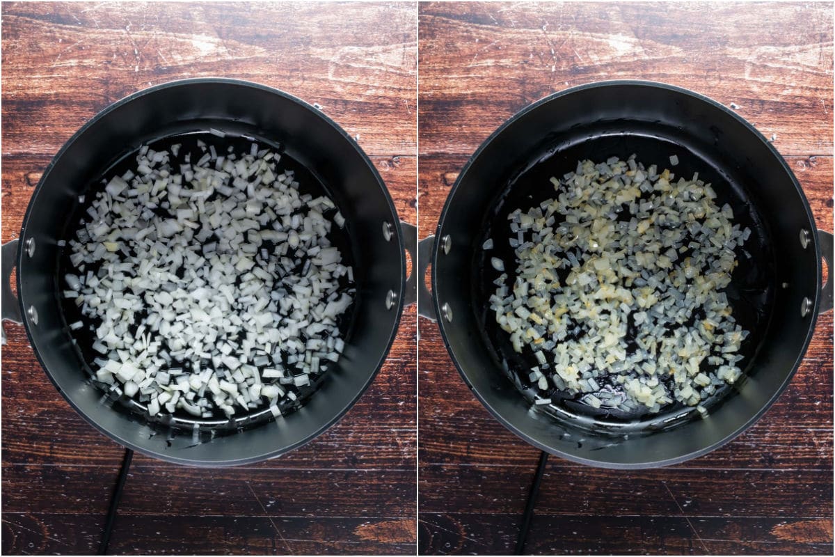 Collage of two photos showing chopped onions and oil added to pot and sautéed.