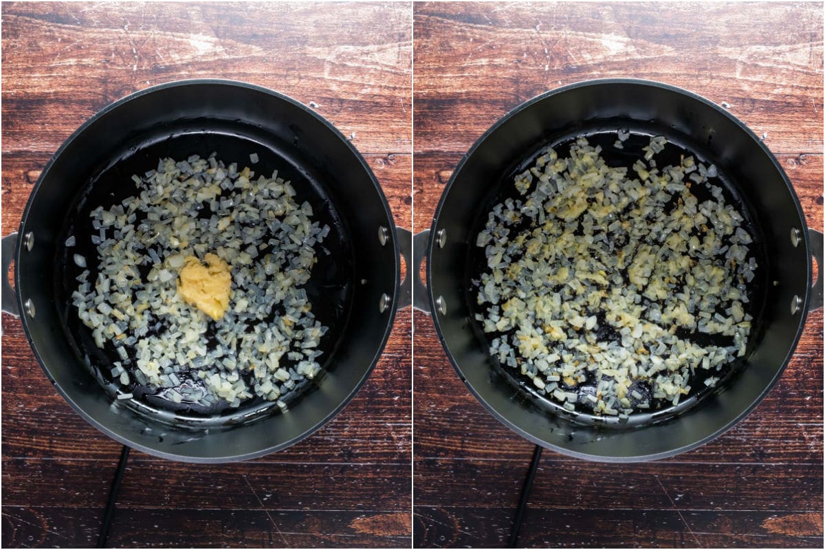 Collage of two photos showing crushed garlic added to pot and sautéed.