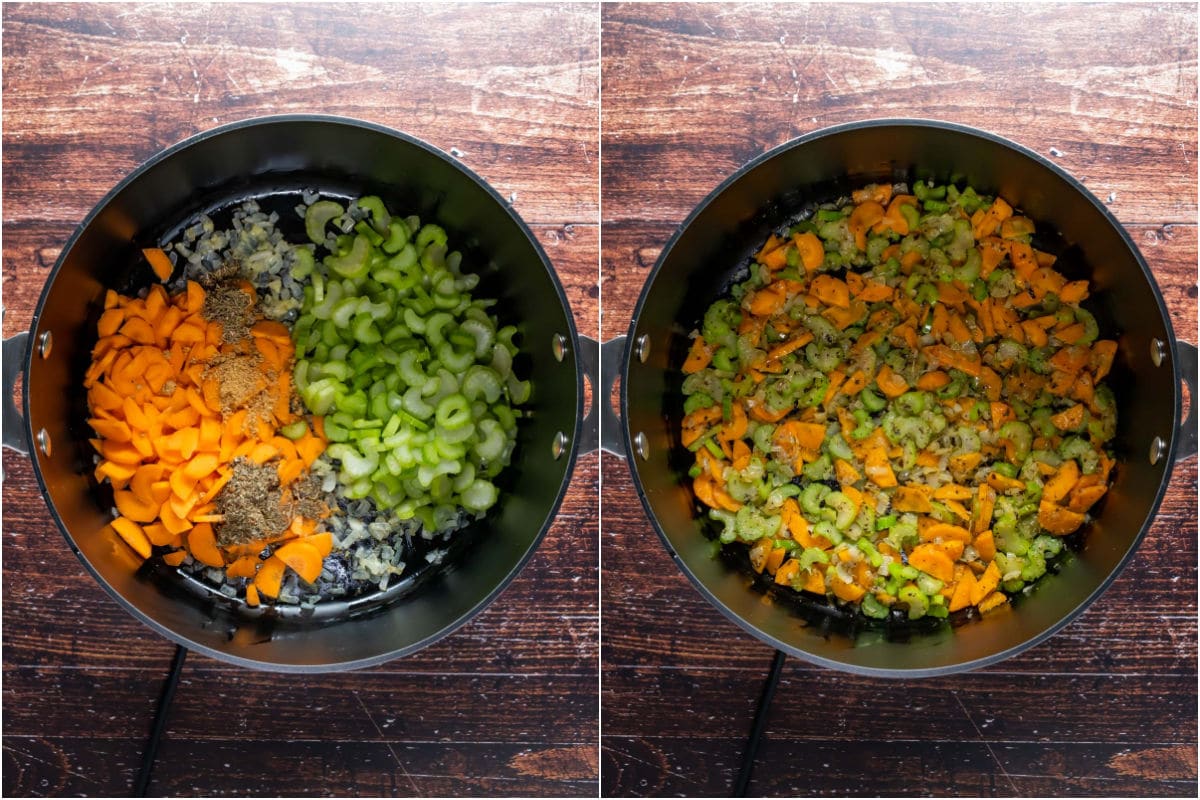 Two photo collage showing chopped vegetables and spices added to pot and sautéed.
