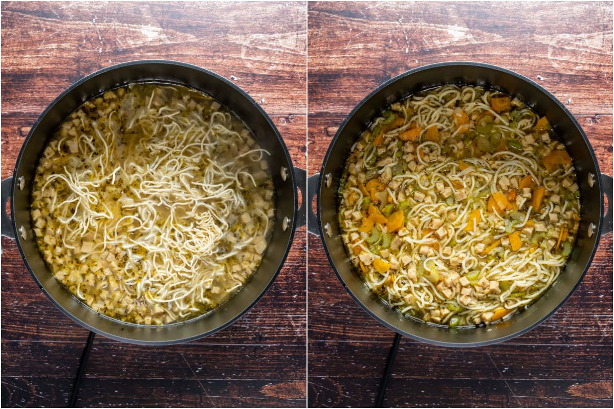 Two photo collage showing noodles added to pot and cooked.