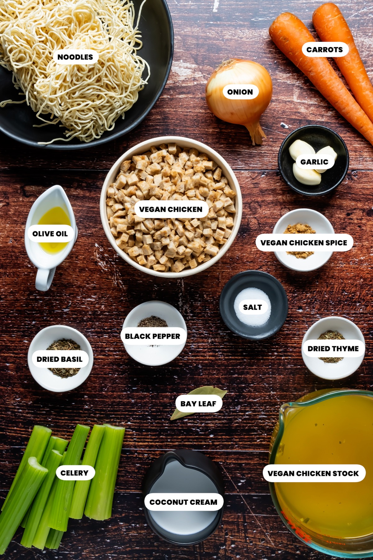 Ingredients to make vegan chicken noodle soup.