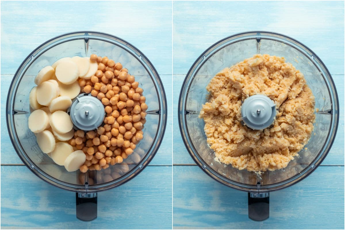 Collage of two photos showing ingredients added to food processor and processed.