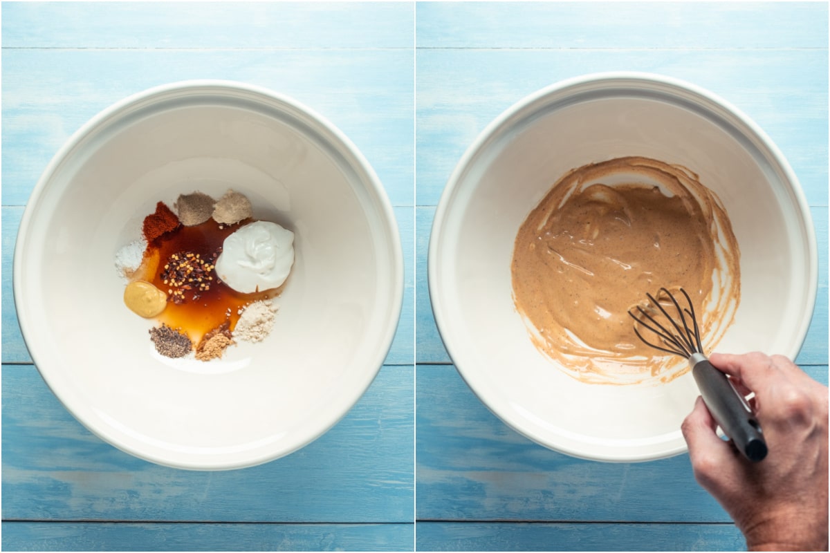 Collage of two photos showing vegan mayonnaise and other ingredients added to mixing bowl and whisked together.