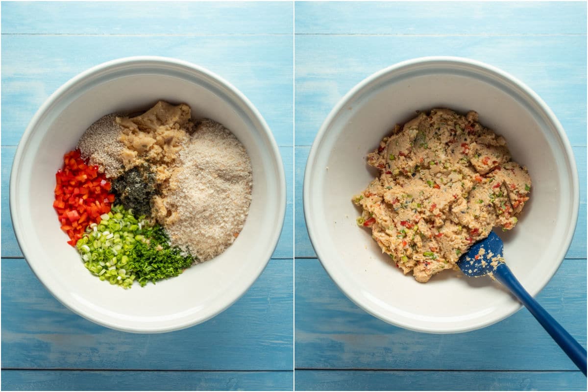 Two photo collage showing ingredients for vegan crab cakes added to mixing bowl and mixed into a batter.