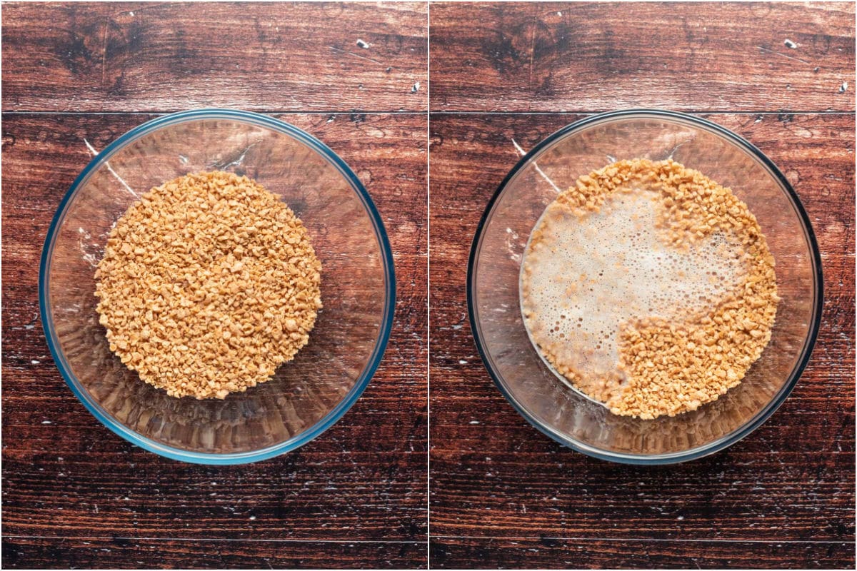 Collage of two photos showing textured vegetable protein added to a bowl and vegan beef stock added.