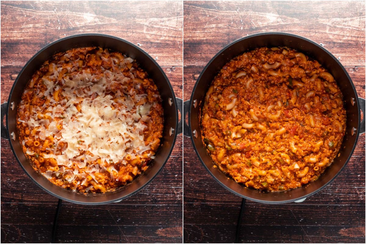 Two photo collage showing melted vegan mozzarella and then mixed into the goulash.