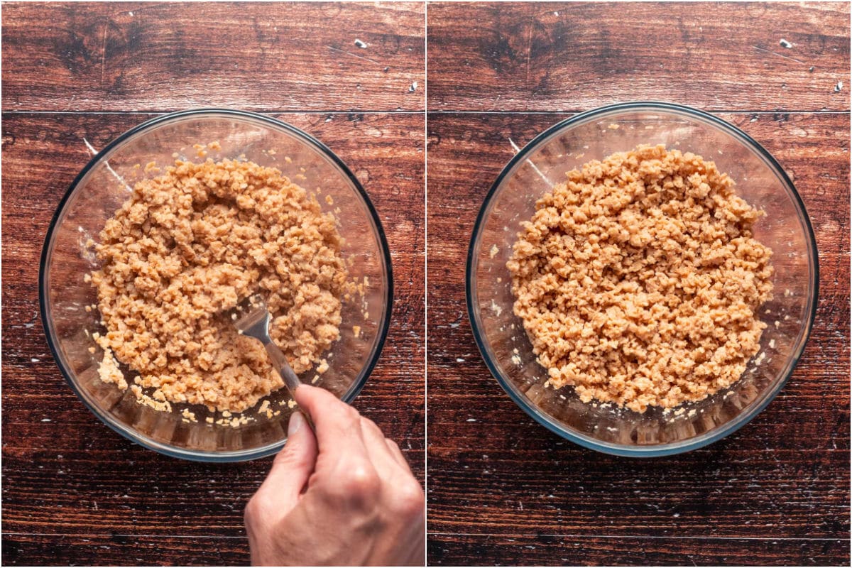 Collage of two photos showing textured vegetable protein in a bowl stirred with a fork.