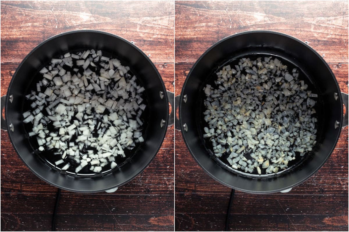 Two photo collage showing chopped onions and olive oil added to pot and sautéed.