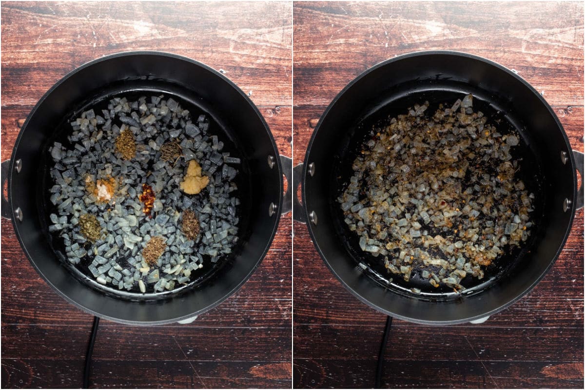 Two photo collage showing crushed garlic and spices added to pot and sautéed.